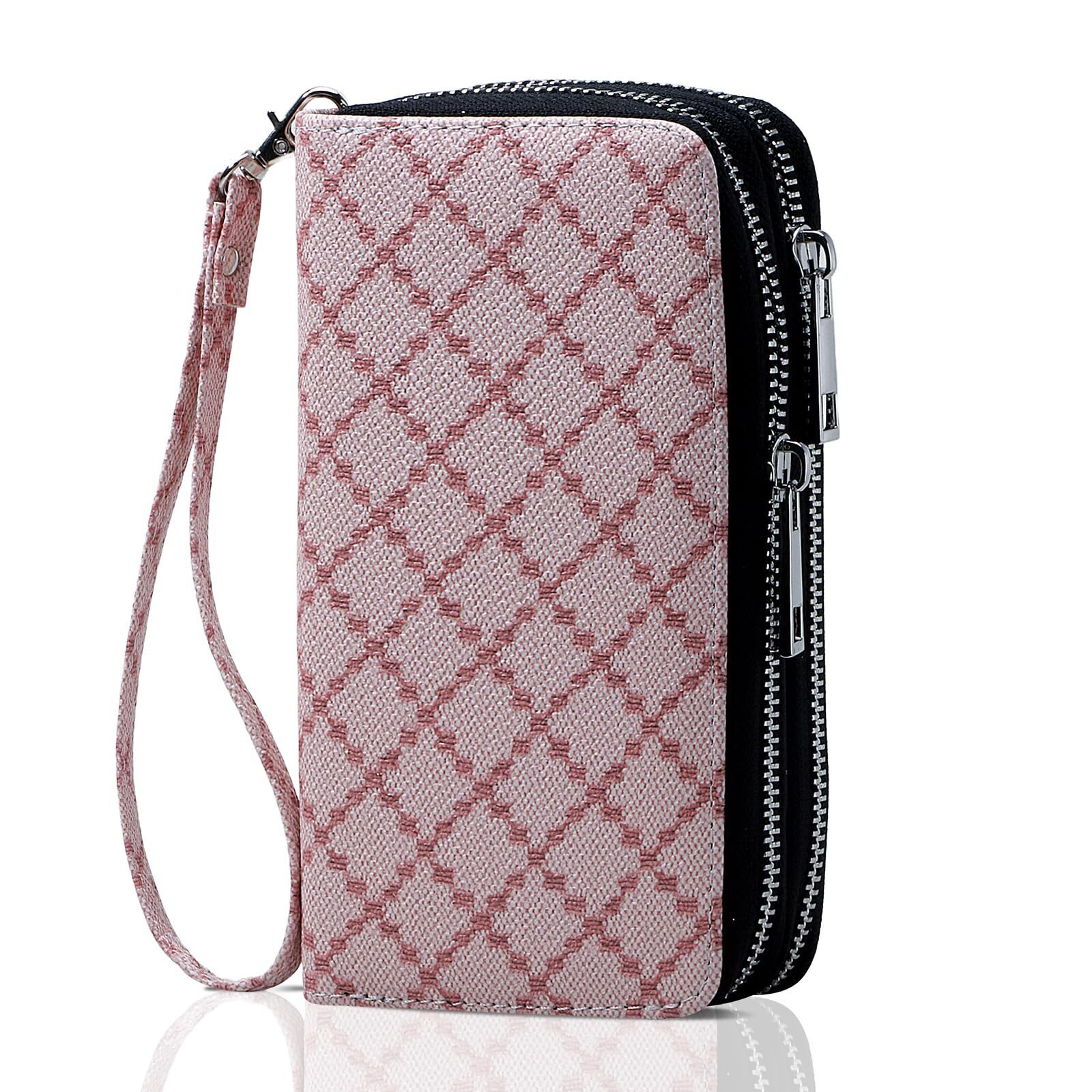 8096 Cellphone Wallet Dual Zipper Long Purse With Removable Wristlet, Pink